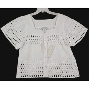 Calypso~Woman Size M~White 100 % Cotton Button-Up Shirt Blouse Shirt Sleeve NWT.